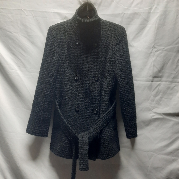 Calvin Klein Black Boucle Wool Blend nubby single breasted belted dress coat 6 - Picture 2 of 6